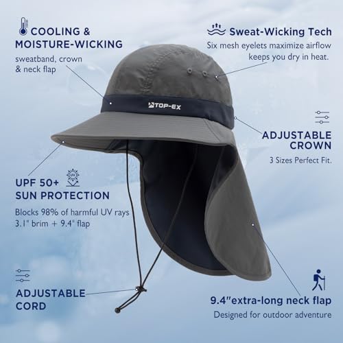 TOP-EX Cooling Sun Hat with Neck Flap – UPF 50+ Wide Brim Breathable Hat for Hiking, Fishing & Big Heads - color: Dark Grey, size: Medium-Large