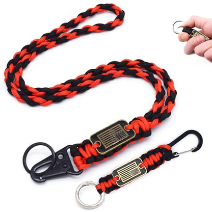 Heavy Duty Braided Paracord Lanyard Keychain with USA Flag, Parachute Rope Necklace Keychains, Braided Strong Lanyard - color: 2 Pcs Black-red