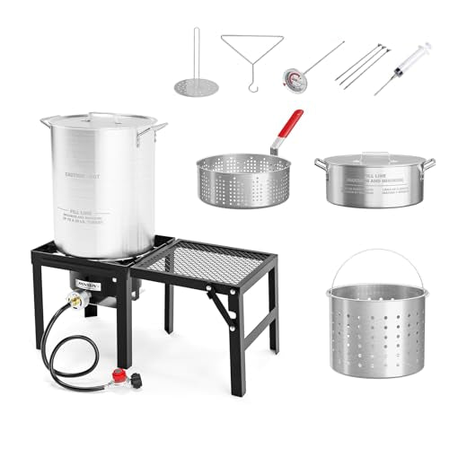 ROVSUN 30QT Turkey Fryer & 10QT Fish Fryer Kit w/ 55,000BTU Propane Stove, Aluminum Outdoor Deep Fryer & Seafood Boiler Steamer w/Baskets, Thermometer, Marinade Injector, Turkey Rack & Rack Lifter - size: 30QT&10QT