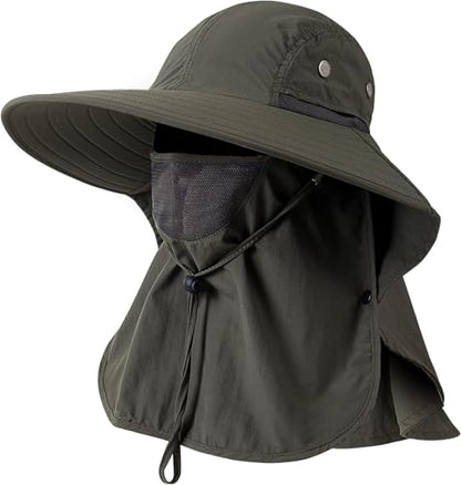 Mens Women Fishing Hat UPF 50+ Wide Brim Sun Hat with Face Cover & Neck Flap - color: Green