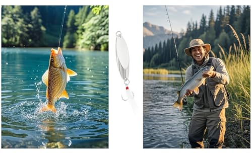 Fishing Spoons Fishing Lures Hard Metal Spinner Baits Reflective Casting Spoon Treble Hooks Jigs for Freshwater Saltwater，5 PCS with Box - color: Silver, size: 3/8oz