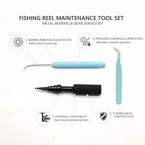 Fishing Reel Maintenance Tool Set, Metal Bearing Service Tool and Gear Service Kit for Spinning and Baitcasting Reels (Set of 3) - color: Black