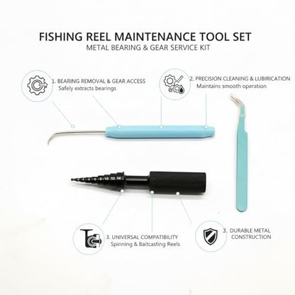 Fishing Reel Maintenance Tool Set, Metal Bearing Service Tool and Gear Service Kit for Spinning and Baitcasting Reels (Set of 3) - color: Black