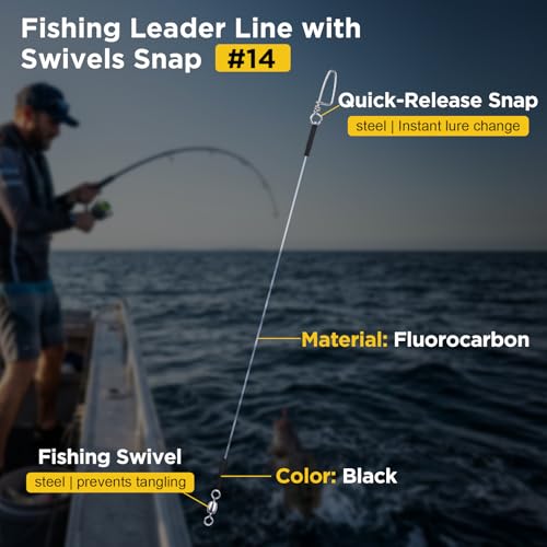 DONQL 15PCS Fluorocarbon Fishing Leaders with Swivel Snaps Connects Lures Bait or Hooks Wire Leaders Line for Saltwater Freshwater Ideal for Bass, Trout, Pike - size: #14 30cm/11.81inch Endurance: 18lb