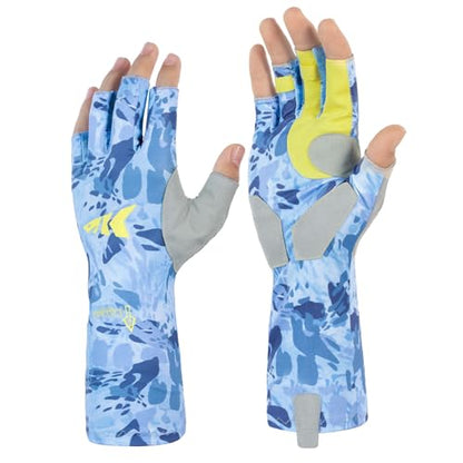 KastKing Agies Fishing Gloves Men, UPF 50+ Sun Gloves UV Protection, Cooling Quick-Dry 3/4 Fingerless Gloves with Extended Cuff, Microfiber Palm & Pull Tabs, for Fishing, Kayaking, Hiking, Hunting - color: X Camo-Blue, size: Large-X-Large