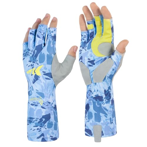 KastKing Agies Fishing Gloves Men, UPF 50+ Sun Gloves UV Protection, Cooling Quick-Dry 3/4 Fingerless Gloves with Extended Cuff, Microfiber Palm & Pull Tabs, for Fishing, Kayaking, Hiking, Hunting - color: X Camo-Blue, size: Small-Medium
