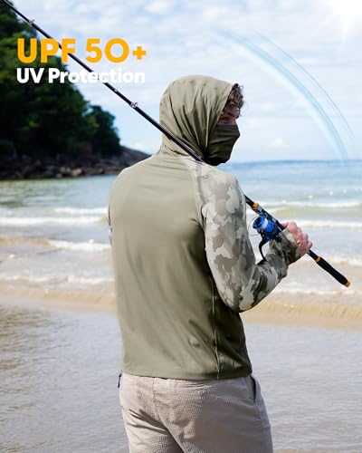 maamgic Men’s UPF 50+ Fishing Shirt Sun Hoodie with Detachable Face Mask, Long Sleeve UV Rash Guard - color: Camouflage Brown, size: Medium