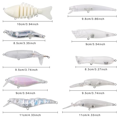 Blank Fishing Lure Kit,Unpainted Popper Plug Lures DIY Crank Bait Set Fishing Pliers Treble Hooks 3D/4D Lure Eyes Bait Sticker Split Rings,Fish Tackle Accessories Kits - color: Lure Kit-10pcs