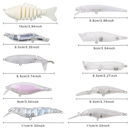 Blank Fishing Lure Kit,Unpainted Popper Plug Lures DIY Crank Bait Set Fishing Pliers Treble Hooks 3D/4D Lure Eyes Bait Sticker Split Rings,Fish Tackle Accessories Kits - color: Lure Kit-10pcs