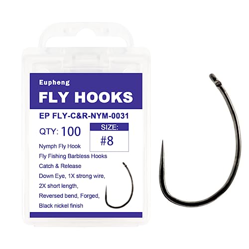 Eupheng Fly Fishing Hooks 100pc Pack Barbless Catch & Release Dry Wet Nymph Shrimp&Pupa, Streamer, Caddis, Jig, Scud Flies Fishing Hooks - color: EP Fly-C&R-NYM-0031, size: #8