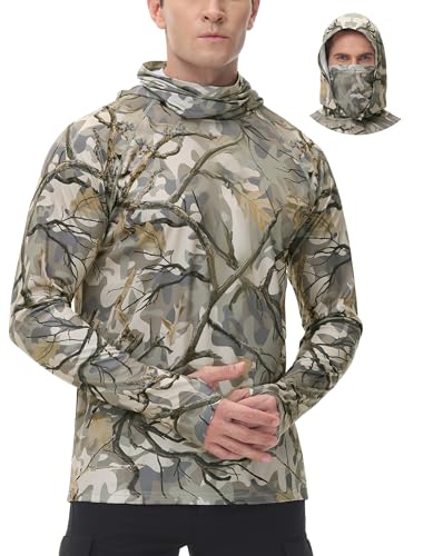 FISHEAL Men's Hunting Shirts with Mask - UPF 50+ Camo Long Sleeve Fishing Hoodie Shirt with Adjustable Drawstring - color: Autumn Forest, size: Small