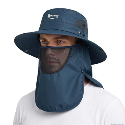 Wide Brim Fishing Hat, Waterproof UV Protection Bucket Sun Hats with Removable Face Cover & Neck Flap for Men Women - color: Navy Blue