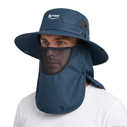 Wide Brim Fishing Hat, Waterproof UV Protection Bucket Sun Hats with Removable Face Cover & Neck Flap for Men Women - color: Navy Blue