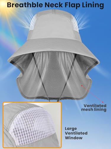 Sun Hats for Women UV Protection with Neck Flap Wide Brim Beach Hats with Ponytail Hole for Hiking Fishing Gardening Travel - color: Light Grey