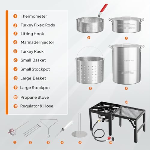 ROVSUN 30QT Turkey Fryer & 10QT Fish Fryer Kit w/ 55,000BTU Propane Stove, Aluminum Outdoor Deep Fryer & Seafood Boiler Steamer w/Baskets, Thermometer, Marinade Injector, Turkey Rack & Rack Lifter - size: 30QT&10QT