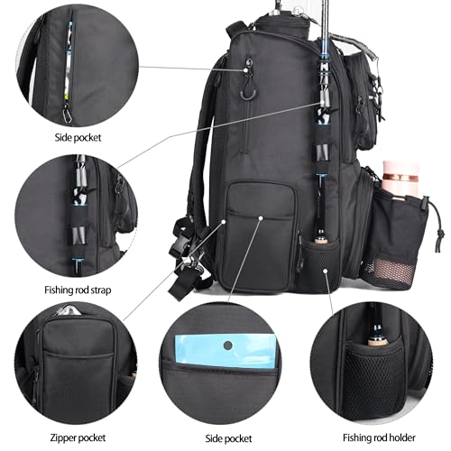 Fishing Tackle Backpack With Rod Holders, Large 40L Fishing Backpack for Camping, Hiking - style: 4 Tackle Boxes Not Included