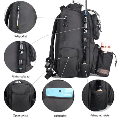 Fishing Tackle Backpack With Rod Holders, Large 40L Fishing Backpack for Camping, Hiking - style: 4 Tackle Boxes Not Included
