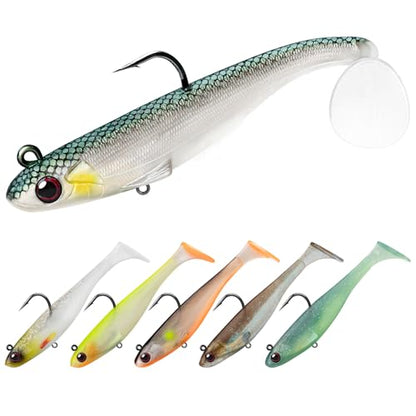 TRUSCEND Shadtale Easy Catch Soft Fishing Lures with BKK Hooks - Trembly Sinking and Vibrating Swim for More Bites, Pre-Rigged Swimbaits for Bass, Trout, Crappie, Walleye, Freshwater Saltwater Fishing - color: 5",1.2oz
