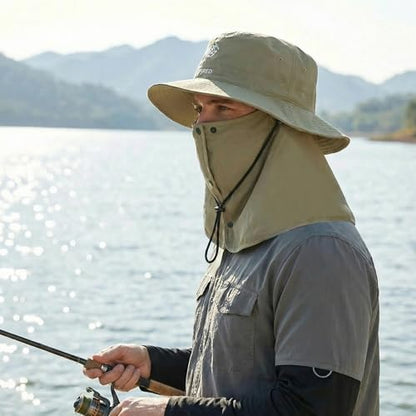 Bucket Hat for Men Women,Waterproof Sun Hat UV Protection with Detachable Face Neck Flap for Outdoors - color: Green+khaki