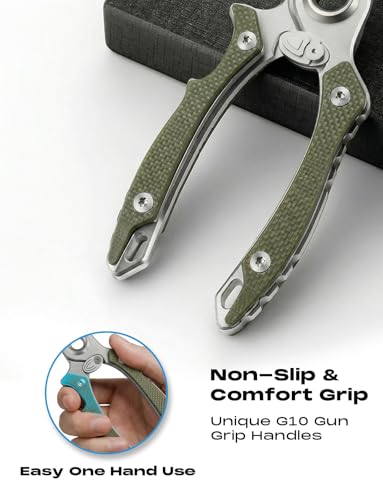HOOK-EZE Anti-Twist Fishing Pliers with Multi-Function Design, 7.1" Saltwater 17-4 Stainless Steel Fishing Gear with G10 Handles, Split Ring Pliers, Fish Hook Remover Tool - Army Green - color: Army Green