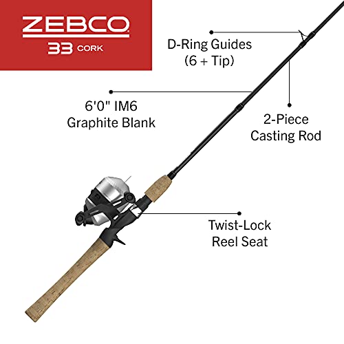 Zebco 33 Cork Reel and Fishing Rod Combo, Graphite Rod with Cork Handle, QuickSet Anti-Reverse Fishing Reel with Bite Alert - style: 6 Foot - Spincast