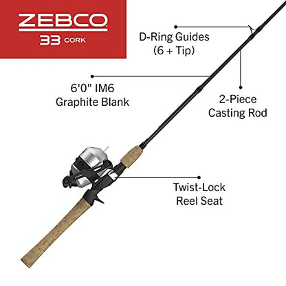 Zebco 33 Cork Reel and Fishing Rod Combo, Graphite Rod with Cork Handle, QuickSet Anti-Reverse Fishing Reel with Bite Alert - style: 6 Foot - Spincast