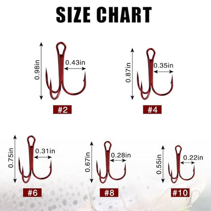 Fishing Treble Hooks Triple Fishing Hooks High Carbon Steel Barbed Sharp Round Bend Treble Hooks Replacement for Hard Lures Bait - color: Red, size: 6#-50pcs