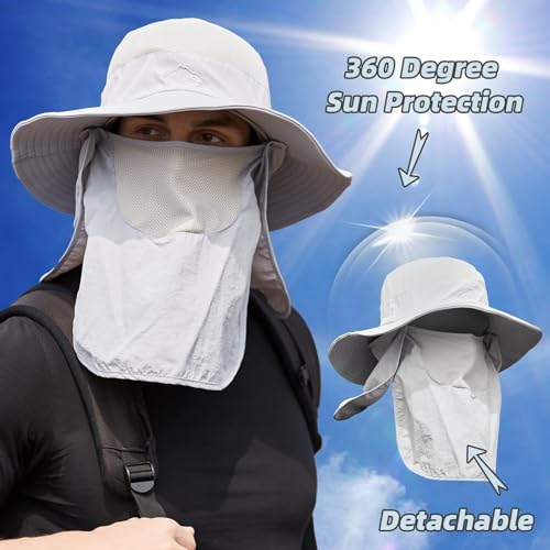 Fishing Hat for Men Sun Protection Hat with Removable Mesh Face Neck Flap Cover Windproof Strap for Men and Women - color: Light Gray
