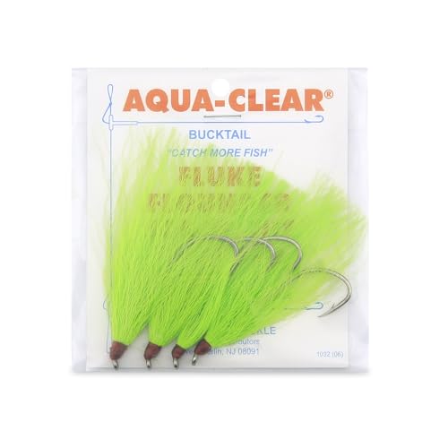 Aqua-Clear, Bucktail Jigs Saltwater Fishing Lures, Flounder Fluke Sea Trout Weakfish Croaker Rig, 3/0 XL Nickel Octopus Hook with White Hair - color: Chartreuse
