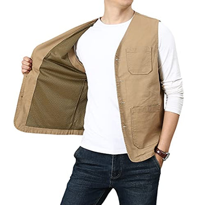 PRIJOUHE Men's Casual Outdoor Cotton Vest Lightweight Breathable Multi-Pocket Fishing Safari Travel Vests Outwear - color: 02-khaki, size: Medium