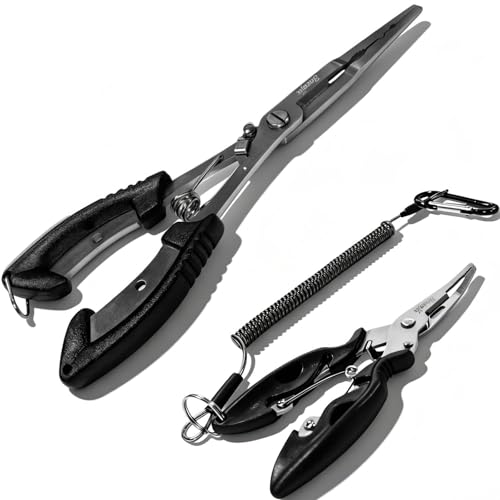 Fishing Pliers Scissors Set (8.4"& 5") with Safety Lock | Multi-function Long Nose Hook Remover, Line Cutter, Crimper; With Anti-Loss Ropes, Rustproof Stainless Steel for Saltwater &