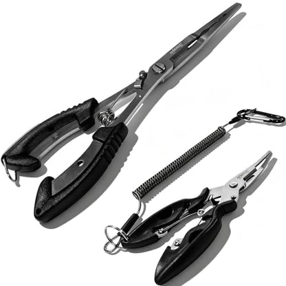 Fishing Pliers Scissors Set (8.4"& 5") with Safety Lock | Multi-function Long Nose Hook Remover, Line Cutter, Crimper; With Anti-Loss Ropes, Rustproof Stainless Steel for Saltwater &
