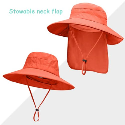 Sun Hats for Men Women, UPF50+ Protection Safari Hat,Wide Brim Fishing Hat with Neck Flap,Bucket Hats for Beach Hiking - color: Orange