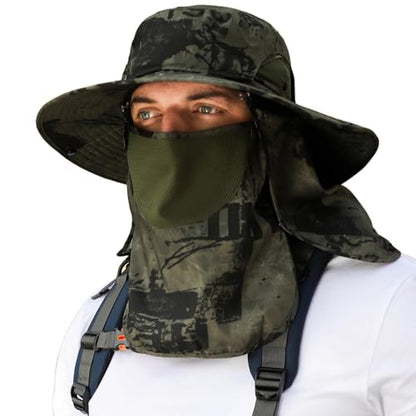 Sun Hat Unisex Face Coverage Shield Neck Flap Cap Garden Lawn Work Sports Hiking Fishing Hats - color: Army Green Ink Wash
