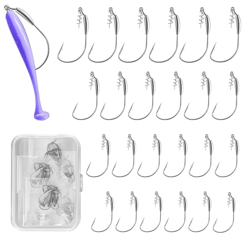 24pcs Weighted Swimbait Hooks Set with Box, EWG Weedless Fishing Hooks with Spring Screw Lock, Saltwater Freshwater Worm Fishing Hooks for Bass Walleye Catfish, 1#, 1/0, 2/0, 3/0, 6pcs Each Size