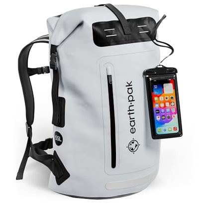 Earth Pak Waterproof Backpack - Heavy Duty Hiking Backpack - Roll-Top Closure Bag - Cushioned Dry Bag Waterproof Phone Case - color: Grey, size: 55L