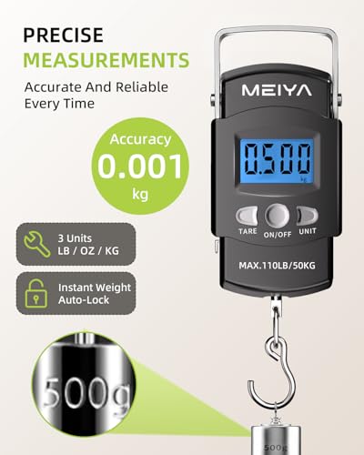 MEIYA Fish Scale 110lb/50kg Digital Fishing Scale with Backlit LCD, Portable Handle, Stainless Steel Hook, Built-in Tape Measure & 2 AAA Batteries, Reliable Fishing Gear & Great Fishing Gifts for Men