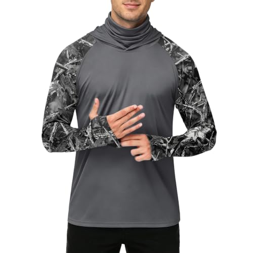 Men's UPF 50+ UV Protection Fishing Shirt with Face Mask Long Sleeve Quick Dry Breathable Sun Hoodie for Beach - color: A Gray, size: Small