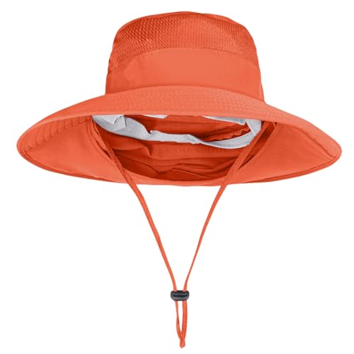Sun Hats for Men Women Fishing Hat UPF 50+ Breathable Wide Brim Bucket Hats Summer UV Protection Safari Hat with Neck Flap - color: Orange