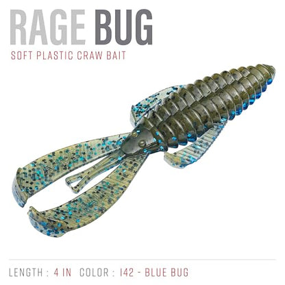 Strike King Rage Bug Fishing Lure, Soft Plastic Grub, Unique Design, Subtle Action - color: Blue Bug, size: 4"