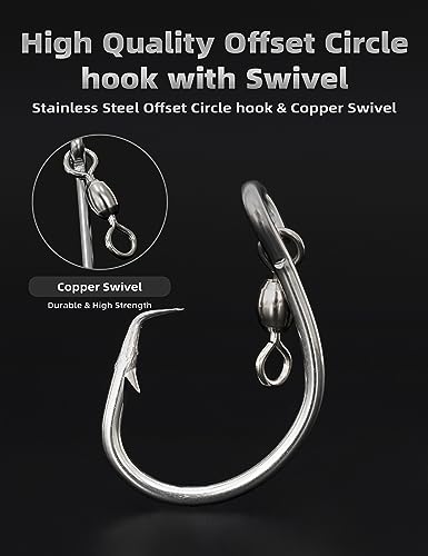 BLUEWING Offset Circle Hook with Swivel Stainless Steel 5pcs/10pcs Extra Sharp for Freshwater Saltwater Big Game Fishing - style: Size 05: 12/0, 5pcs