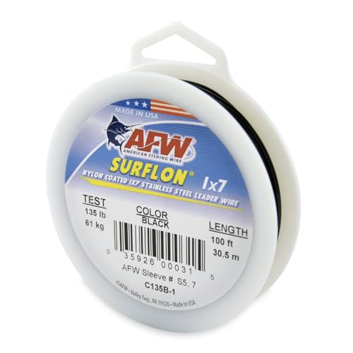 American Fishing Wire Surflon Nylon Coated 1x7 Stainless Steel Wire Leader - Wire Fishing Leader Line for Saltwater 10lb Up To 250lb Test in Bright, Black, Camo in 30ft, 100ft, 300ft, & 1000ft Lengths - color: Black, style: 100 Feet, 135 Pound Test