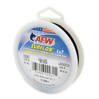 American Fishing Wire Surflon Nylon Coated 1x7 Stainless Steel Wire Leader - Wire Fishing Leader Line for Saltwater 10lb Up To 250lb Test in Bright, Black, Camo in 30ft, 100ft, 300ft, & 1000ft Lengths - color: Black, style: 100 Feet, 135 Pound Test