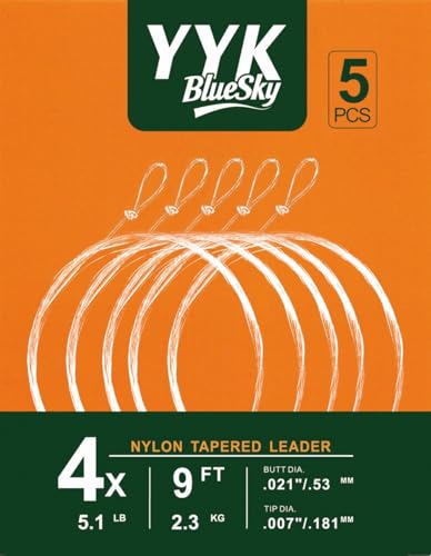 YYKBlueSky 9FT Clear Nylon Tapered Leader, Multiple Sizes 0X-7X (0X 1X 2X 3X 4X 5X 6X 7X) Optional, 5PCS Each for Freshwater Fly Fishing Line - size: 4X