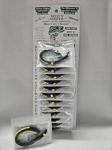 Kelly's Striper 12 Pack Anise Scented 3 Hook Pre-Rigged Worms, Plastic, 5.5 Inches, 8 Colors, Made in USA - color: Black/Yellow