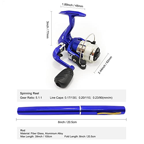Compact Pocket Telescopic 38inch Mini Pen Fishing Rod Spinning Reel Combos Pen Folded Fishing Pole Spinning Wheel Gift for River, Lake, Reservoir, Ice Fishing and So On - color: Blue