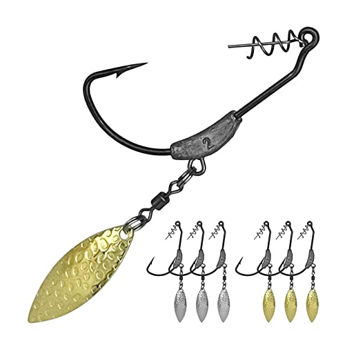 Weighted Swimbait Hooks, 6pcs Underspin Swimbait Hook with Twistlock, Weighted Crank Hooks with Gold/Silver Spinner Blades for Soft Fishing Lures - color: A(1/0#, 1/14oz, 6-pack)