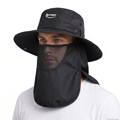 Wide Brim Fishing Hat, Waterproof UV Protection Bucket Sun Hats with Removable Face Cover & Neck Flap for Men Women - color: Black