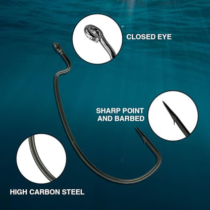 Reaction Tackle Offset EWG Worm Hooks - Super Strong Wide Gap Texas Rig Hooks for Soft Plastic Baits - High Carbon Steel Bass Fishing Hooks (25-Pack) - size: #4/0