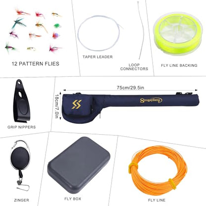 Sougayilang 5/6 Weight 9ft Fly Rod, 4-Piece Graphite Rod, Die Cast Aluminum Reel, Carrying Case, Fly Box & Fishing Flies Combo Starter Kit - color: Fly Fishing Combo #5-Green
